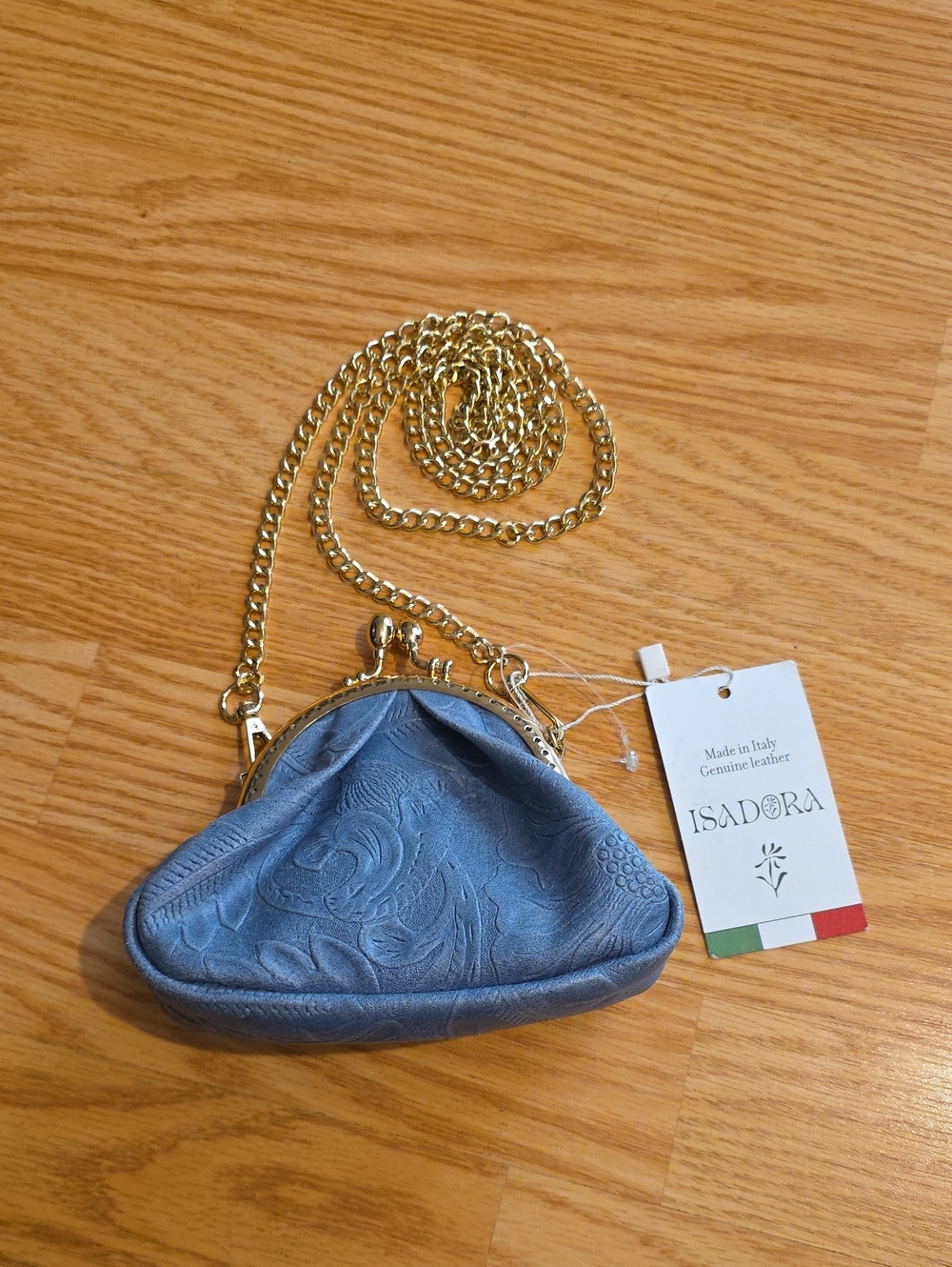 Isadora Blue Genuine Leather Embossed Crossbody Purse